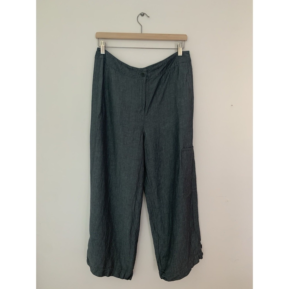 Eileen Fisher Wide Leg Crop Pants Linen Viscose Blue Gray Sz M Coastal Lagenlook
